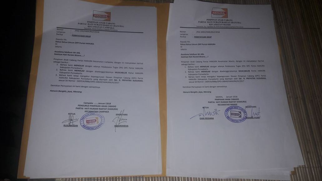 Mayoritas PAC Hanura Tolak SK Pemberhentian Ketua DPC Purwakarta